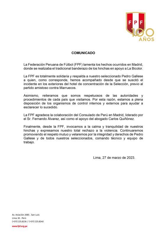 Comunicado oficial de Perú.