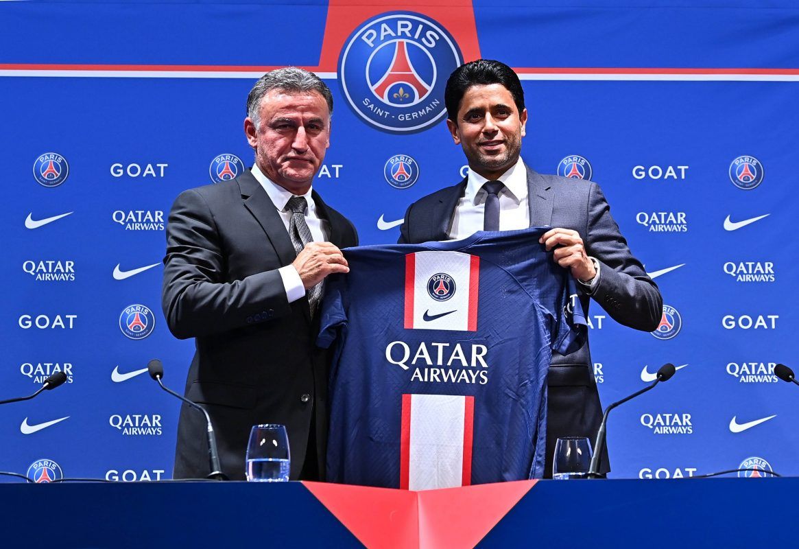 Christophe Galtier y Nasser Al-Khelaïfi -dueño del PSG- en la presentación del entrenador.