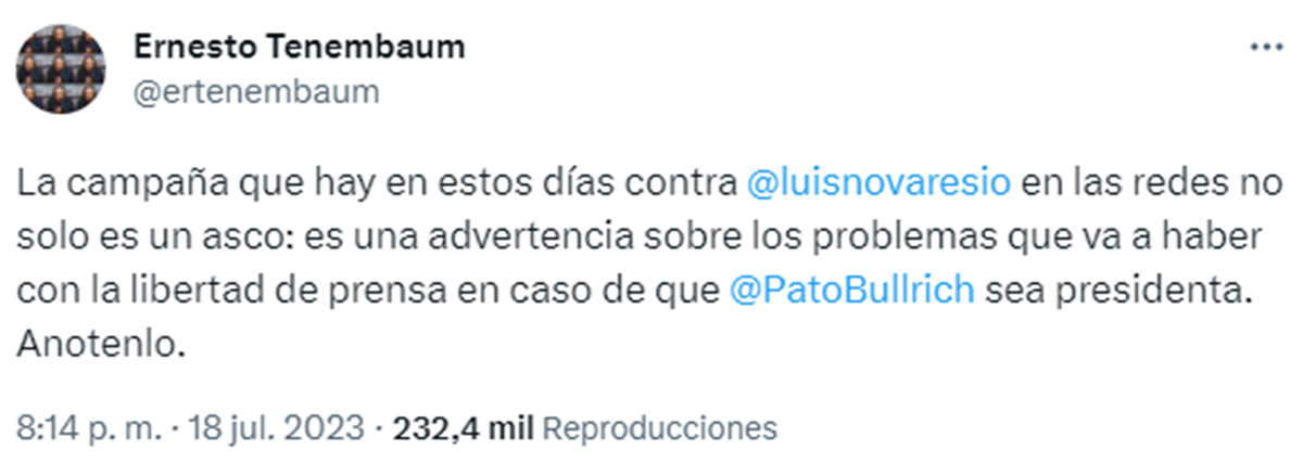 Tenembaum denunció la campaña contra Novaresio y responsabilizó a Bullrich. 