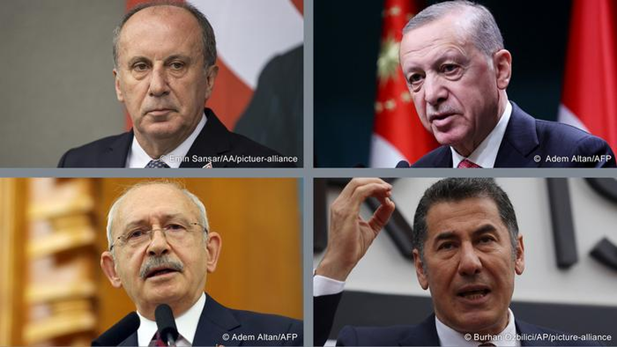 Candidatos a la presidencia turca: Ince (arriba izqda.), Erdogan (arriba derecha.), Kilicdaroglu (abajo izqda.) y Ogan (abajo derecha.).