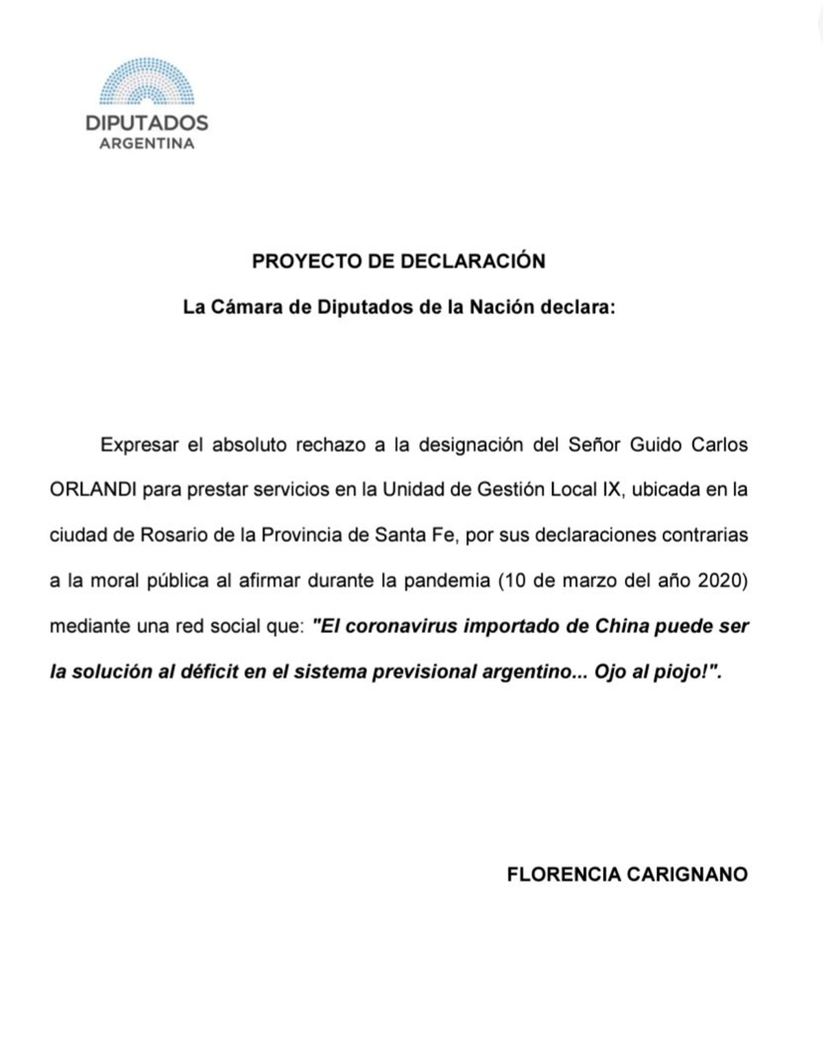 Florencia Carignano presentó un proyecto rechazando la designación de Guido Orlandi al frente del Pami de Rosario. Florencia Carignano presentó un proyecto rechazando la designación de Guido Orlandi al frente del Pami de Rosario.