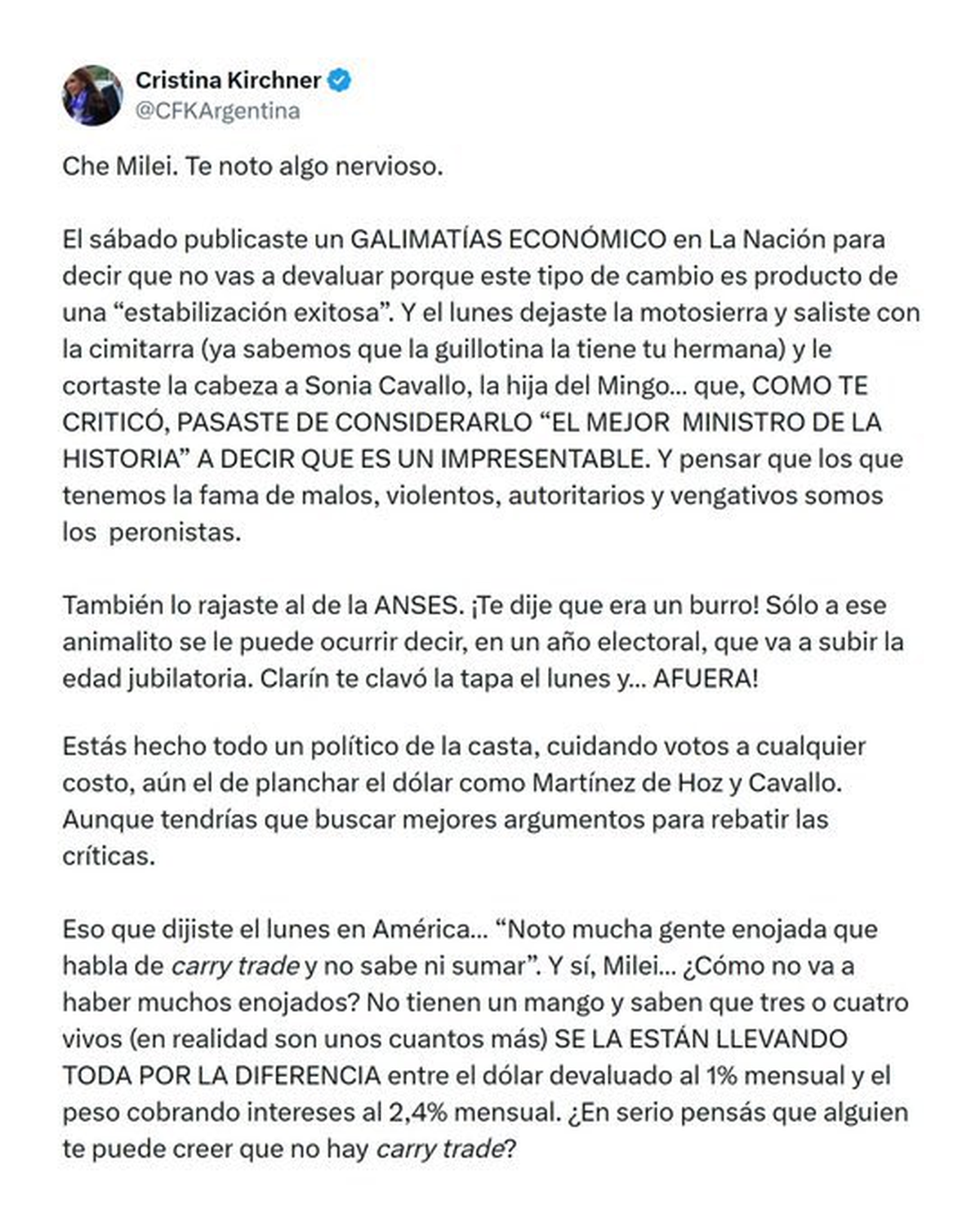 Mensaje en X de Cristina Kirchner a Milei antes que diputados trate Ficha Limpia Mensaje en X de Cristina Kirchner a Milei antes que diputados trate Ficha Limpia