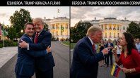 Imagen creada con IA: de un lado, Flávio Bolsonaro siendo abrazado por Trump, y del otro, el presidente estadounidense enojado con María Corina Machado.