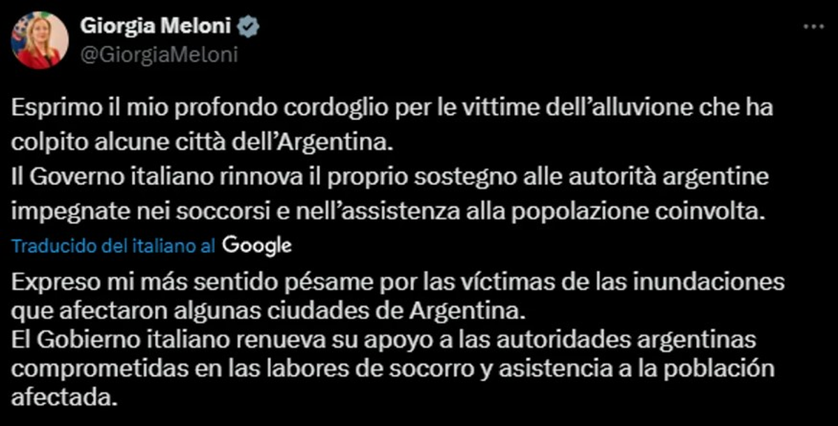Comunicado de Giorgia Meloni sobre las inundaciones en Bahía Blanca | CAPTURA DE X Comunicado de Giorgia Meloni sobre las inundaciones en Bahía Blanca | CAPTURA DE X