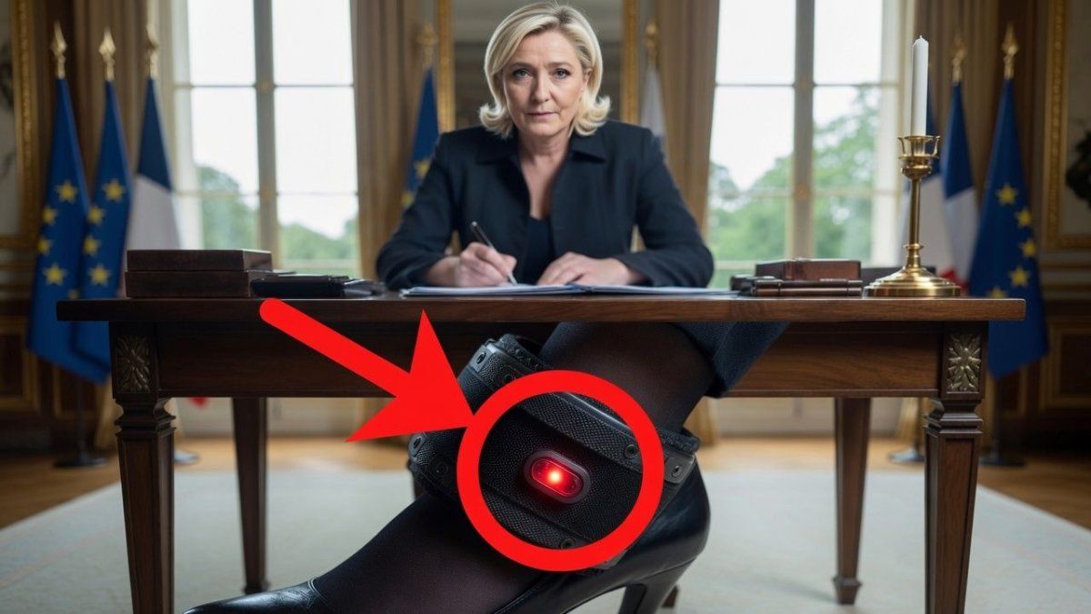 Imagen creada con IA de Marine Le Pen, como próxima presidenta de Francia y usando una tobillera.