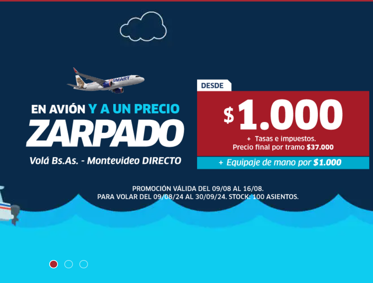 La aerolínea JetSmart extendió la promoción de pasajes por $1.000 a Uruguay. La aerolínea JetSmart extendió la promoción de pasajes por $1.000 a Uruguay.