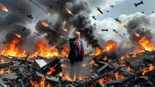 Imagen creada por la IA de Grok en la que se ve al presidente Donald Trump en medio de ruinas tras un bombardeo.