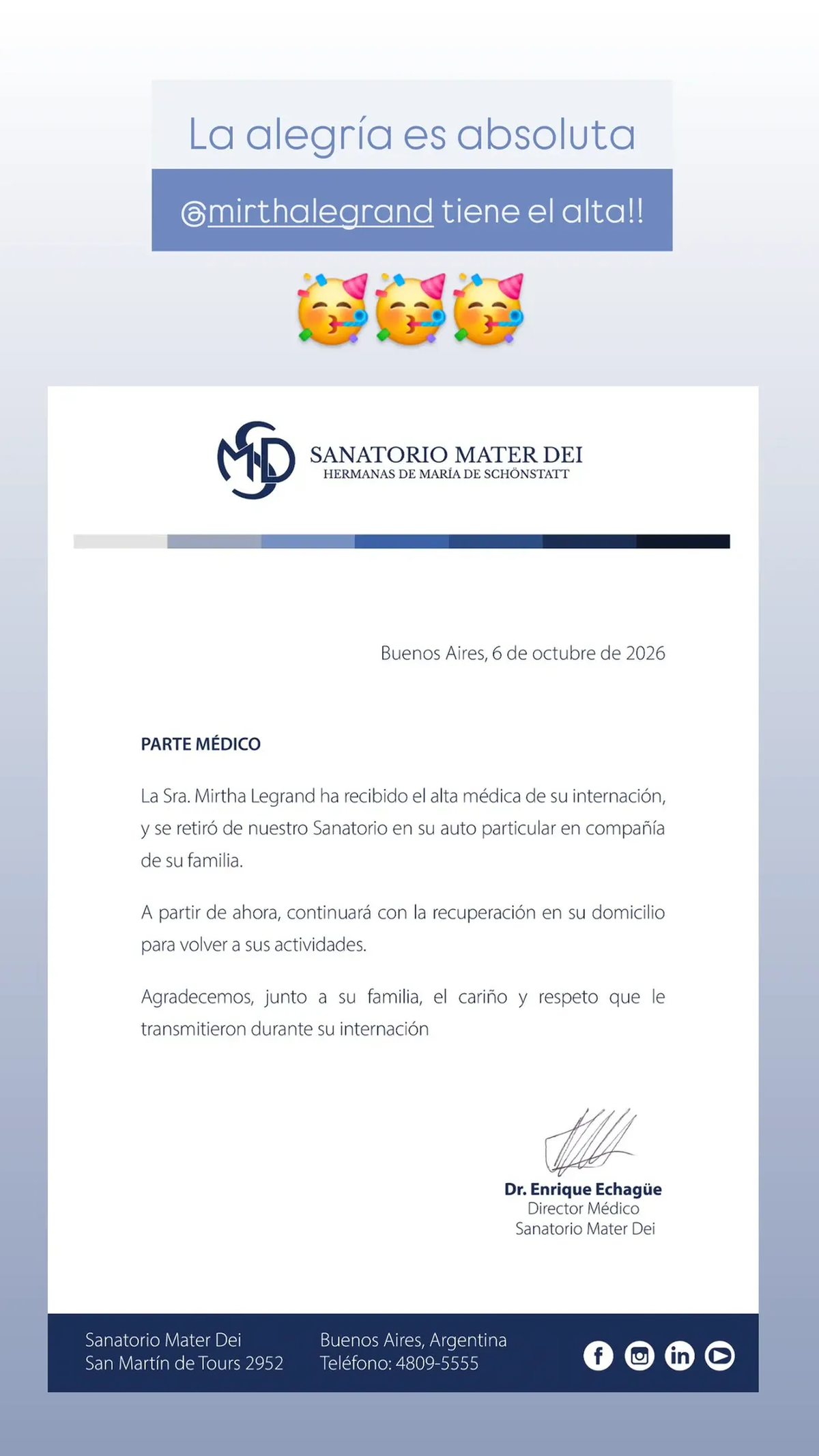 Comunicado del Sanatorio Mater Dei. Comunicado del Sanatorio Mater Dei.