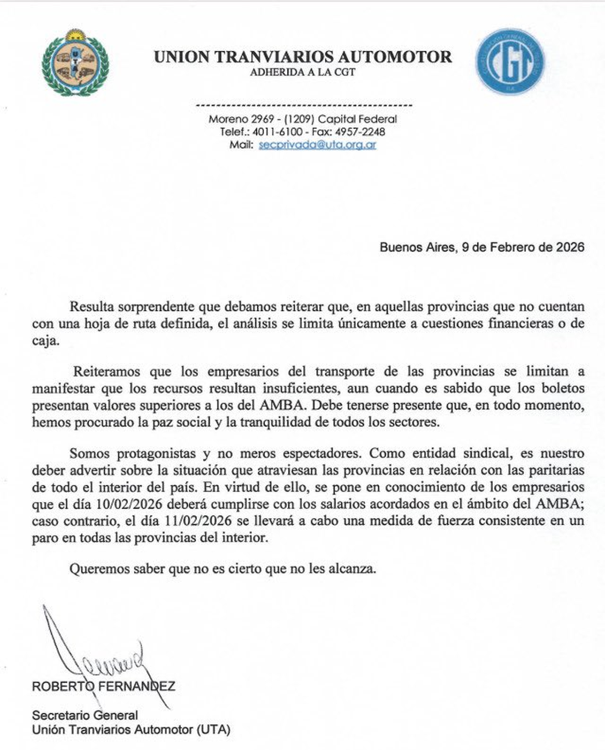 La advertencia de UTA. La advertencia de UTA.