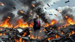 Imagen creada por la IA de Grok en la que se ve al presidente Donald Trump en medio de ruinas tras un bombardeo.