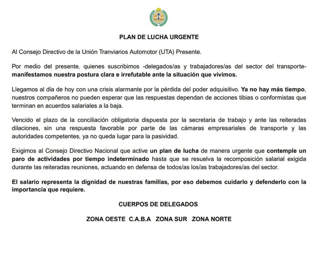 El anuncio del Plan de Lucha de la UTA. El anuncio del Plan de Lucha de la UTA.