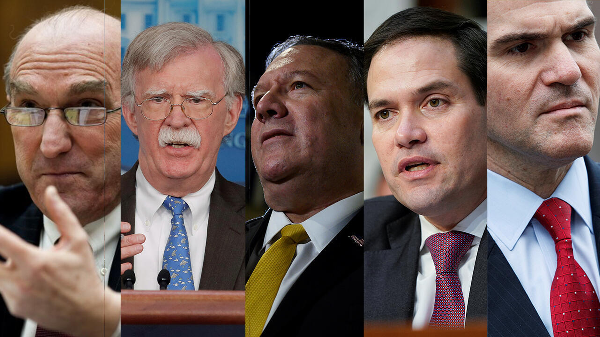 Elliott Abrams, John Bolton, Mike Pompeo, Marco Rubio y Mauricio Claver-Carone, los cinco halcones políticos que acechaban el mandato de Nicolás Maduro desde los nidos republicanos del Gobierno de Donald Trump.