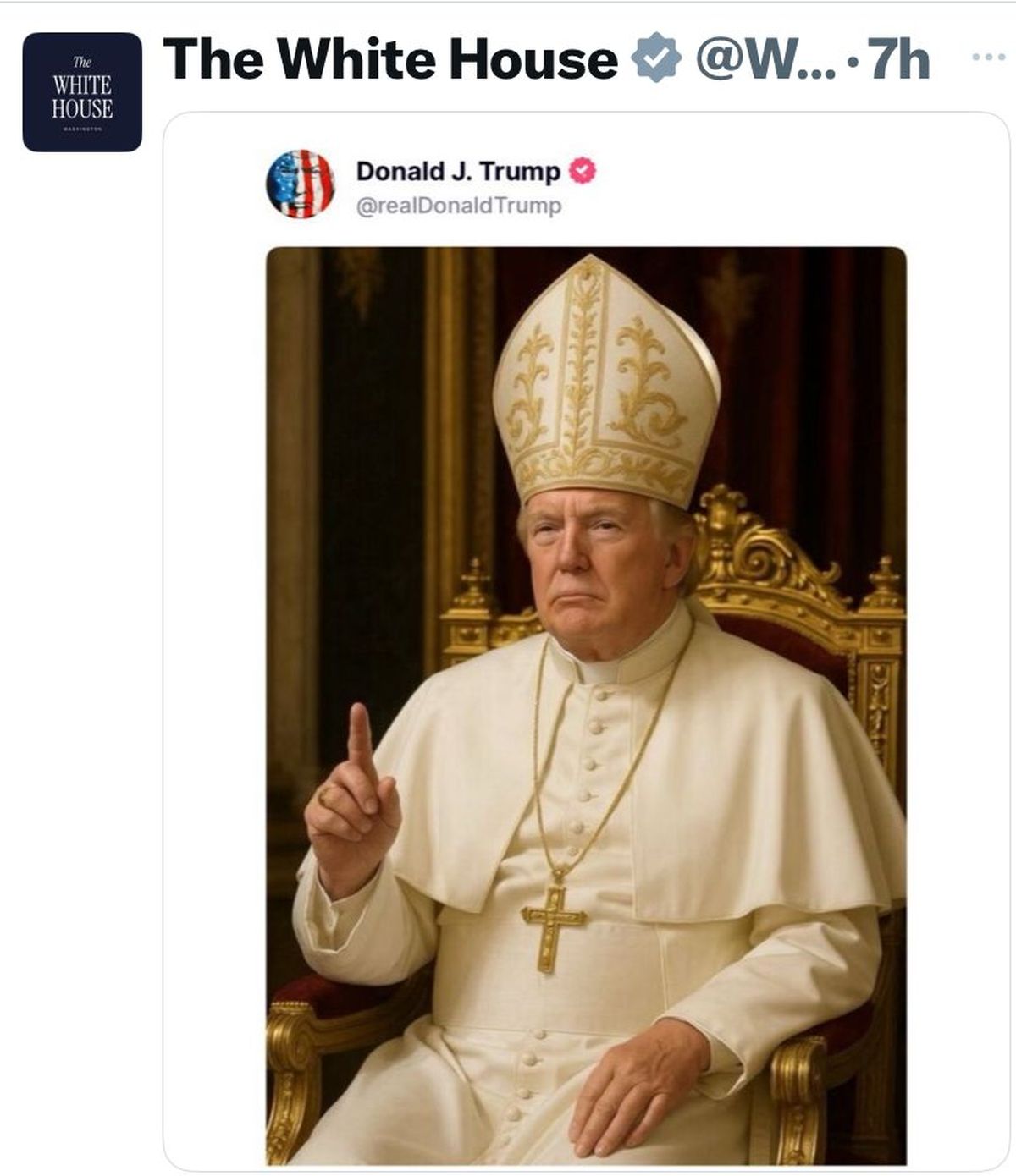 Ironía de Donald Trump, quien se autopercibe tal como un Papa. Ironía de Donald Trump, quien se autopercibe tal como un Papa.