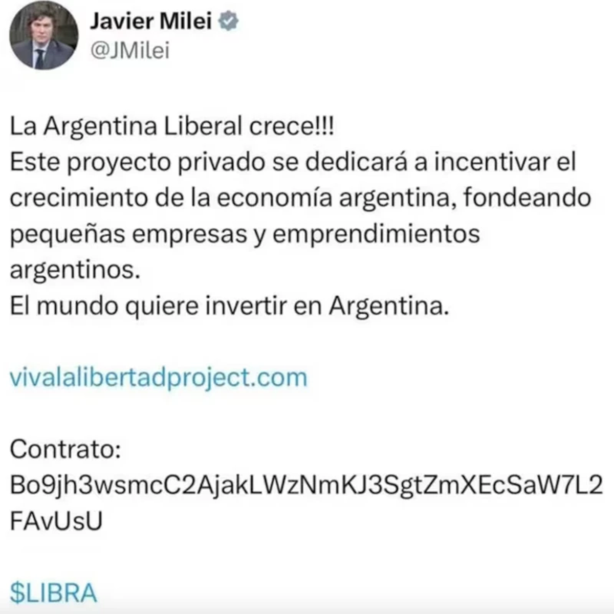 El tuit con el que Milei dio a conocer el token $LIBRA el 14/02 &uacute;ltimo.&nbsp;