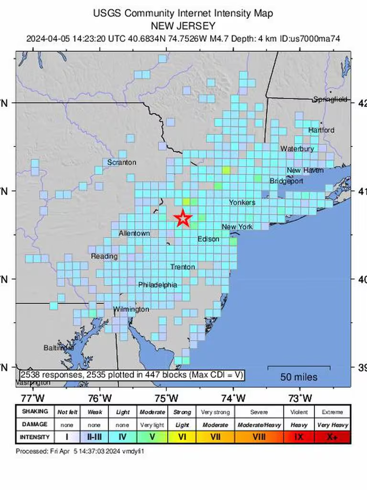 Datos preliminares del USGS muestra al terremoto de magnitud 4.8 que se registró cerca de Whitehouse Station, NJ. (USGS) Datos preliminares del USGS muestra al terremoto de magnitud 4.8 que se registró cerca de Whitehouse Station, NJ. (USGS)