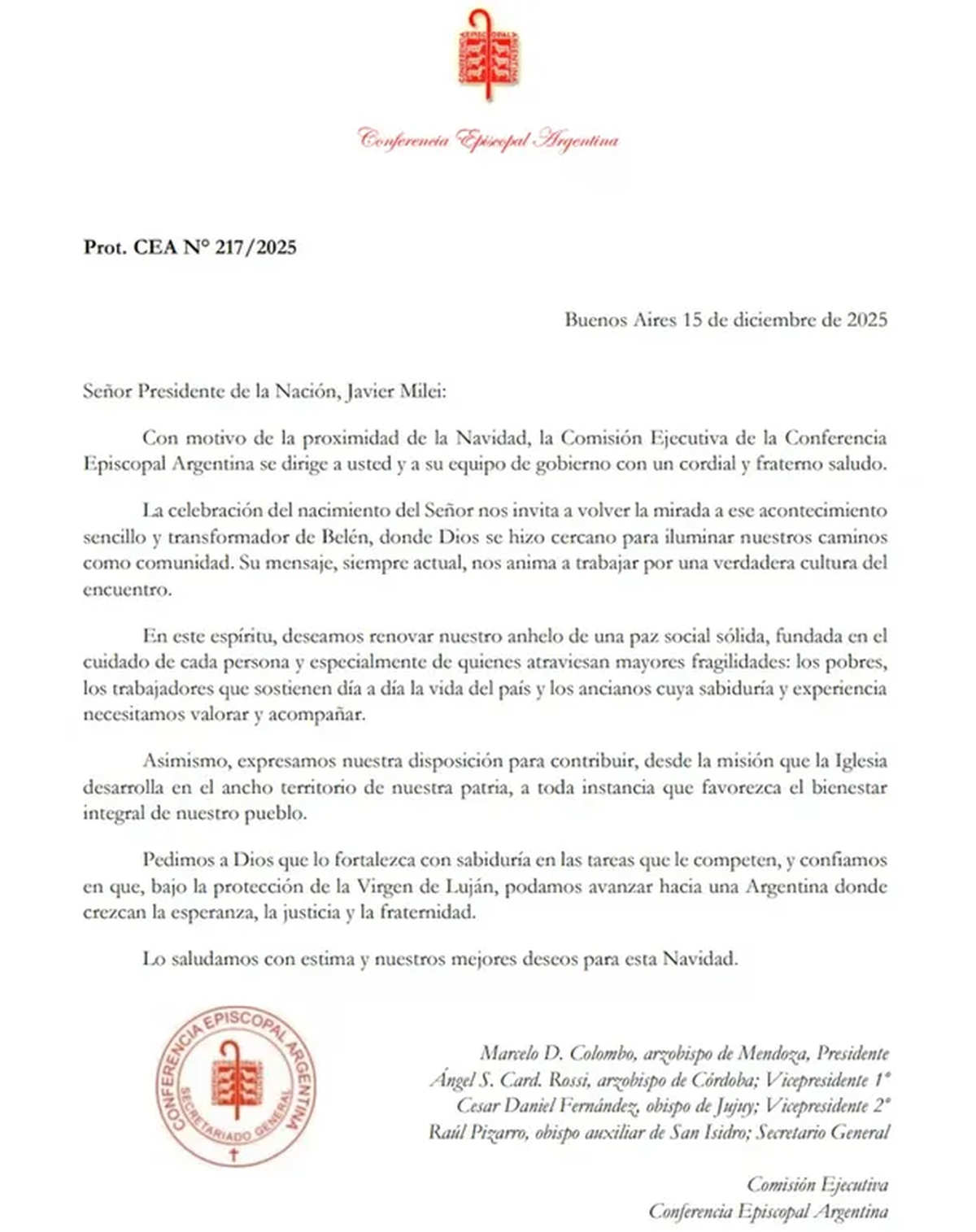 La Carta de la Iglesia Católica a Javier Milei por la Navidad. La Carta de la Iglesia Católica a Javier Milei por la Navidad.