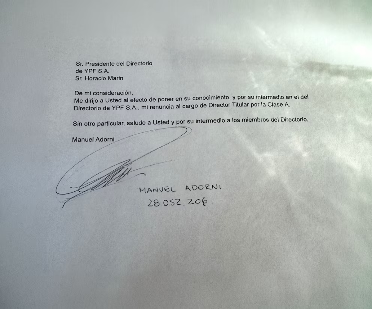 Carta de Manuel Adorni girada al directorio de YPF Carta de Manuel Adorni girada al directorio de YPF