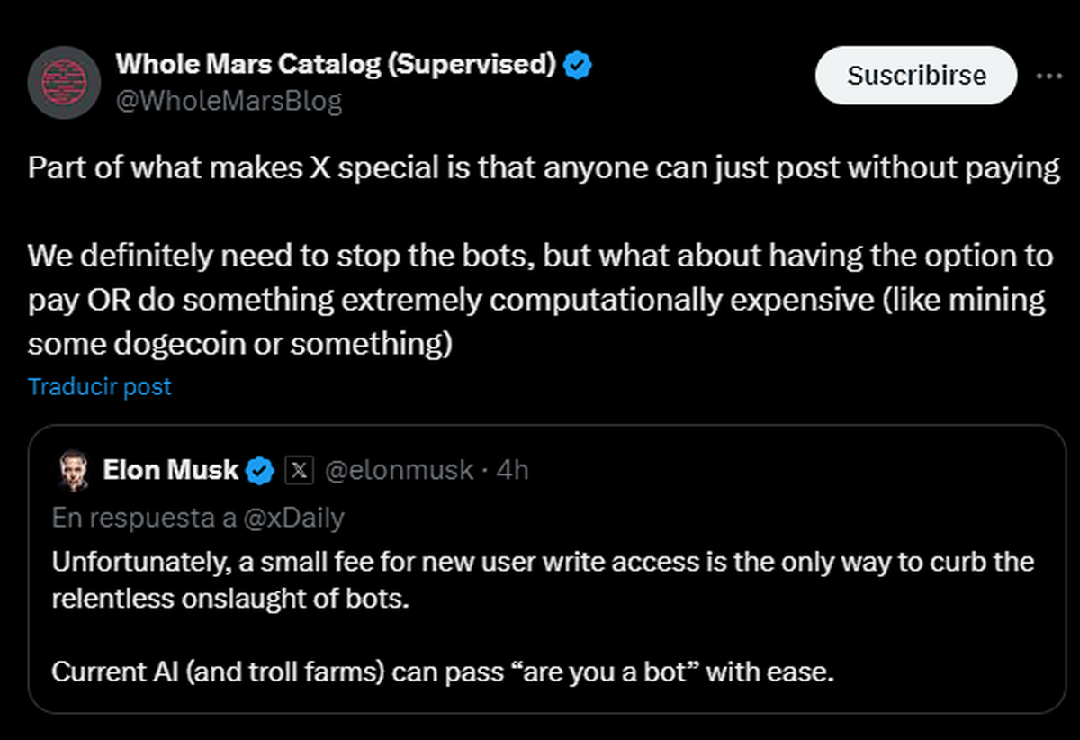 Musk: Esto es mucho m&aacute;s dif&iacute;cil que pagar una peque&ntilde;a tarifa. Esto es solo para nuevos usuarios. Podr&aacute;n realizar acciones de escritura de forma gratuita despu&eacute;s de 3 meses.