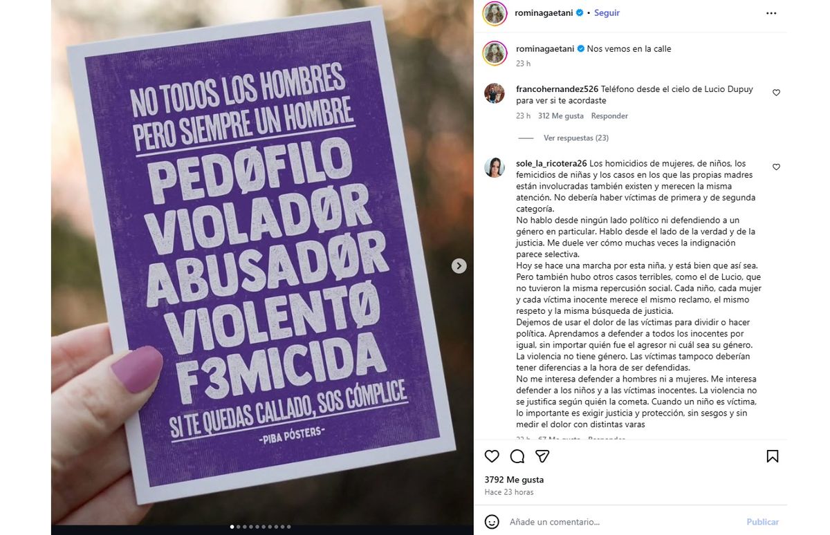 La fuerte publicación de Romina Gaetani en Instagram tras el asesinato de Agostina Vega. La fuerte publicación de Romina Gaetani en Instagram tras el asesinato de Agostina Vega.
