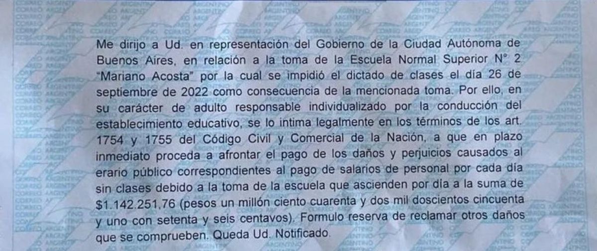 Intimidación legal del Gobierno de la Ciudad a los padres de los alumnos que tomaron las escuelas.