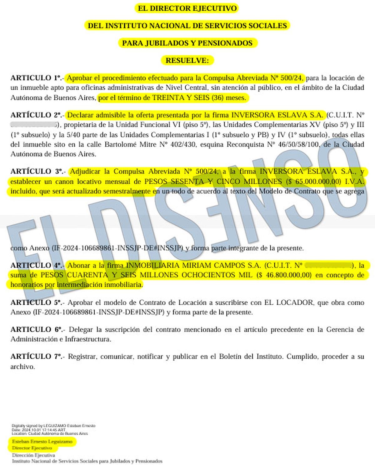 La resolución del PAMI firmada por su titular, Esteban Leguizamo. La resolución del PAMI firmada por su titular, Esteban Leguizamo.