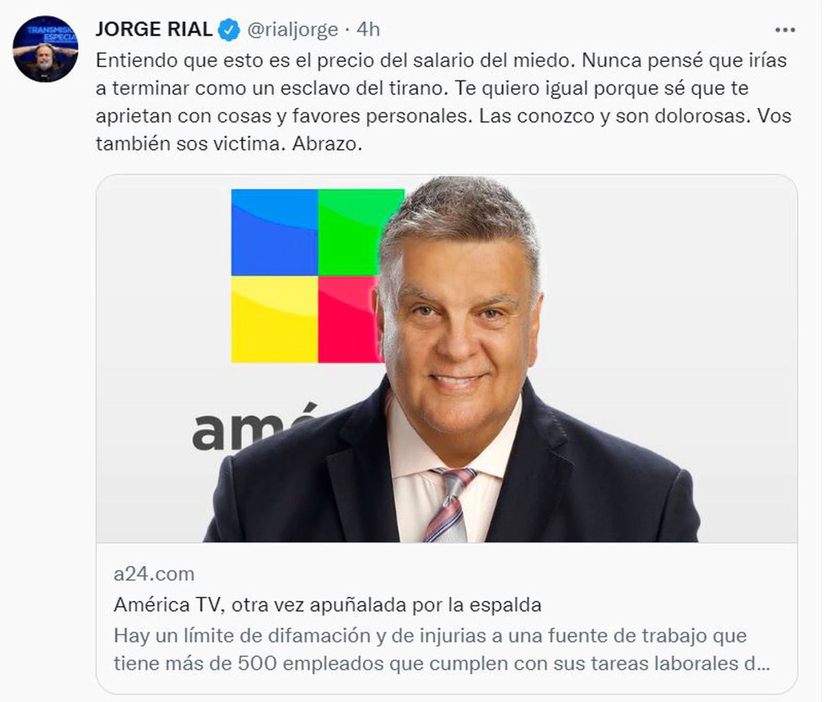 La contestación de Jorge Rial a la carta de Luis Ventura en la página de A24.