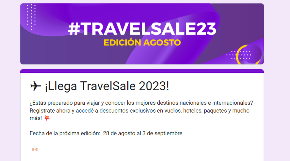 El Travel Sale ofrece importantes descuentos de hasta el 50% en pasajes, hoteles, excursiones y turismo. El Travel Sale ofrece importantes descuentos de hasta el 50% en pasajes, hoteles, excursiones y turismo.