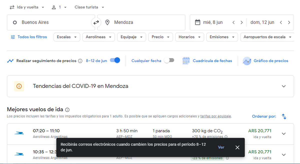 Se pueden activar las alertas que indiquen cuándo están más baratos los pasajes.