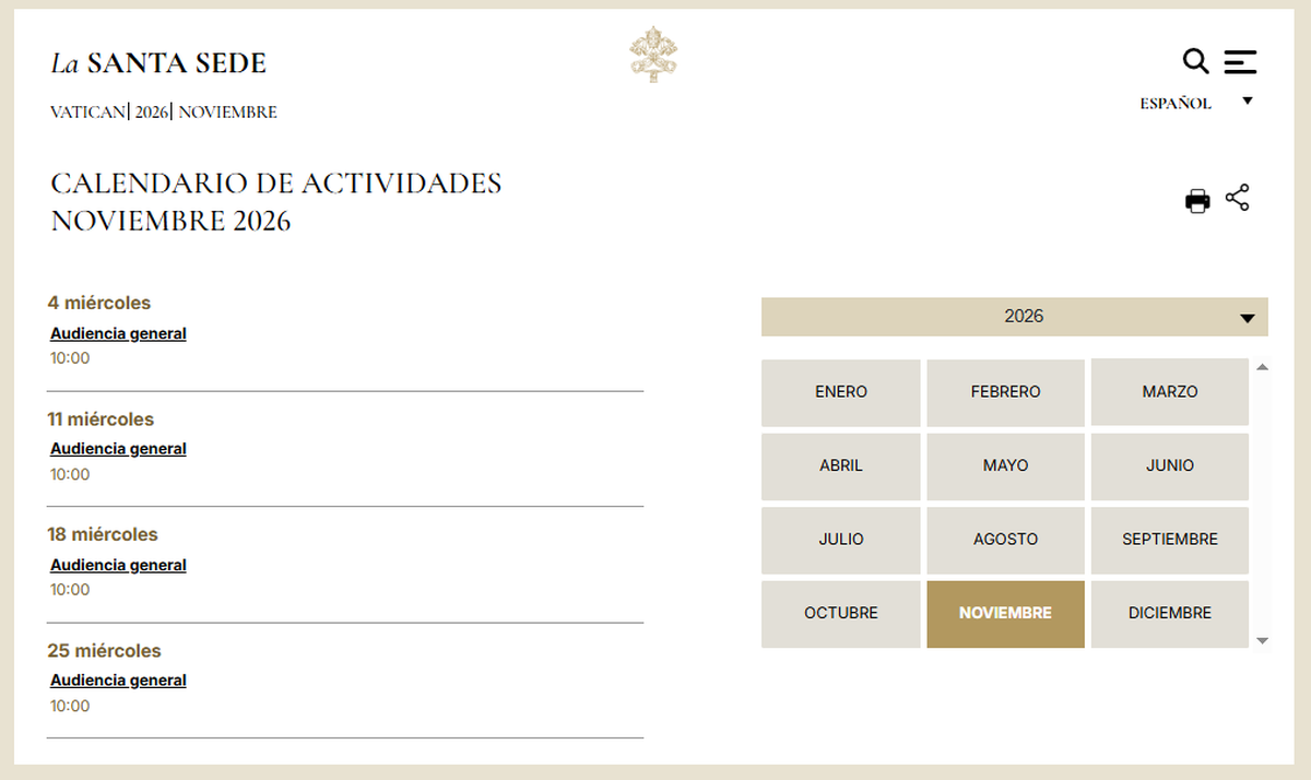 La agenda del Papa para noviembre de 2026 en la web oficial del Vaticano. La agenda del Papa para noviembre de 2026 en la web oficial del Vaticano.