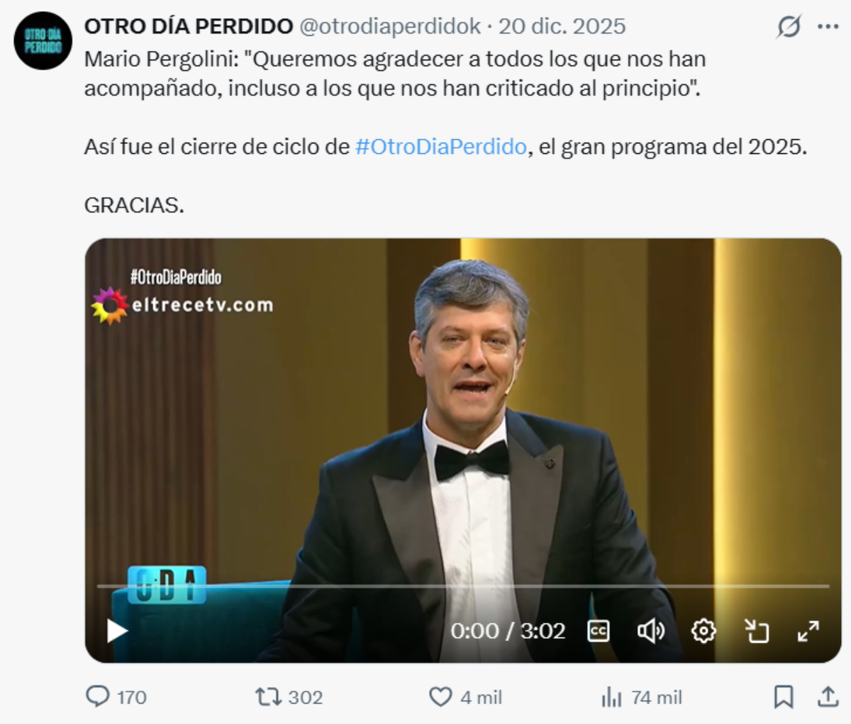 Mario Pergolini agradeció a su audiencia al finalizar Otro día perdido en 2025. Mario Pergolini agradeció a su audiencia al finalizar Otro día perdido en 2025.