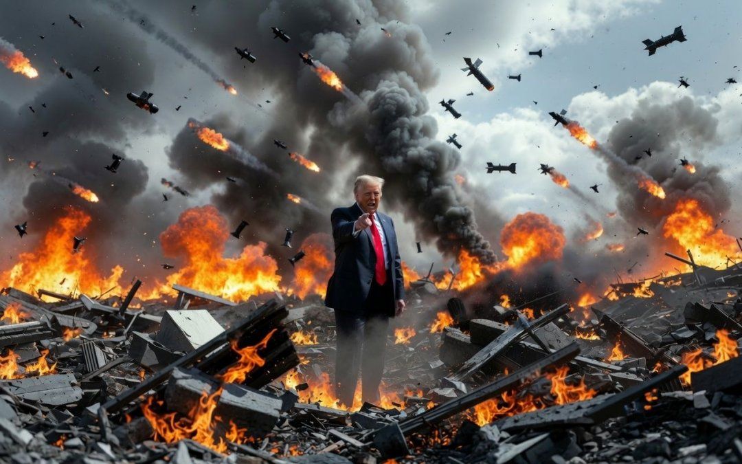 Imagen creada por la IA de Grok en la que se ve al presidente Donald Trump en medio de ruinas tras un bombardeo.