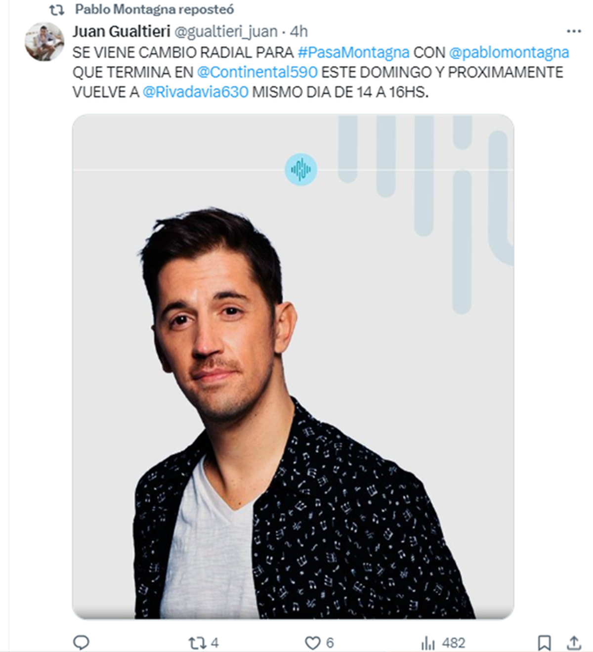 Montagna reposteó las publicaciones que anunciaban su regreso a Radio Rivadavia. Montagna reposteó las publicaciones que anunciaban su regreso a Radio Rivadavia. 