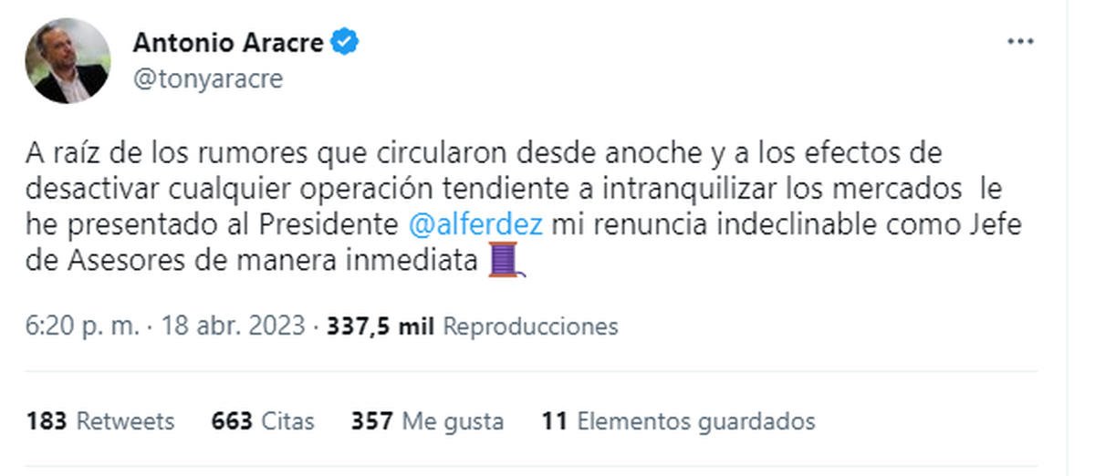 Confirmación oficial de Antonio Aracre sobre dejar el cargo.