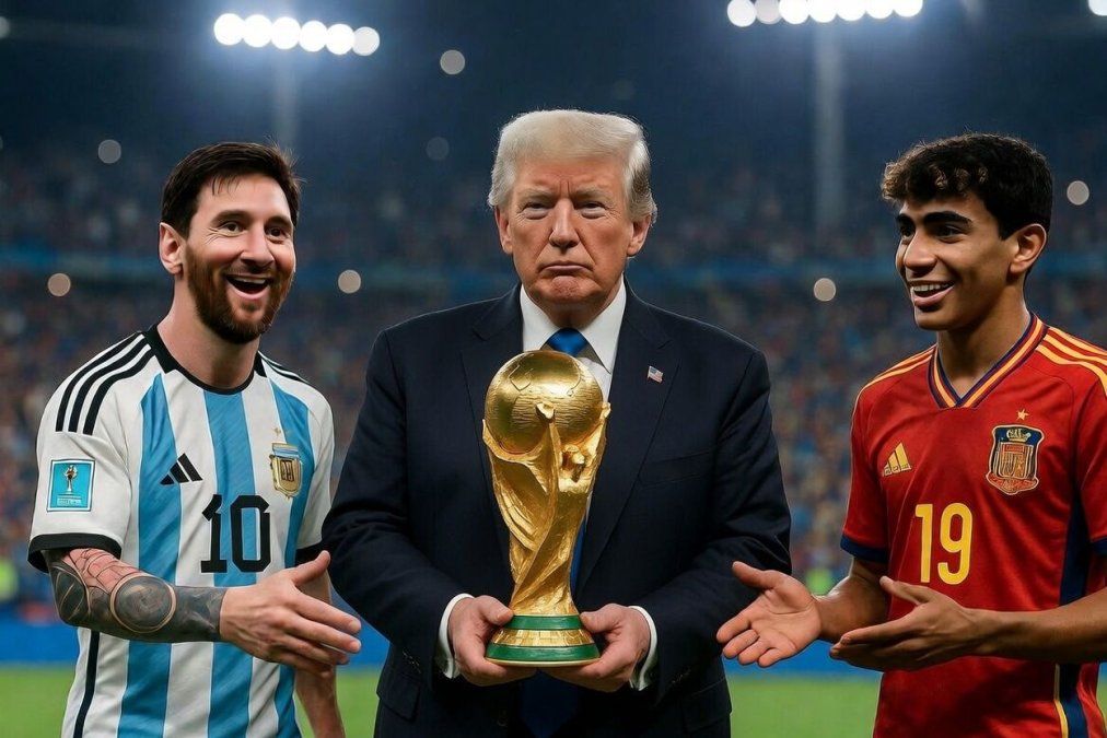 Imagen creada con la IA donde se ve al presidente de Estados Unidos, Donald Trump, junto al delantero argentino Lionel Messi y el futbolista español Lamine Yamal.&nbsp;