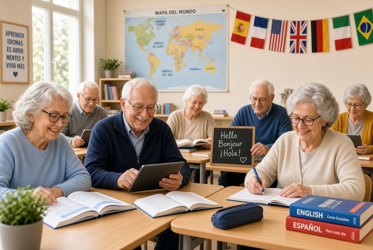 Adultos mayores estudiando lenguas, según Grok.