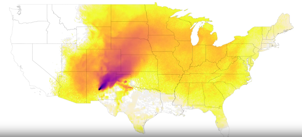 Densidad estimada de deposición de radionucleidos durante los primeros 10 días después de la detonación de la prueba Trinity. Densidad estimada de deposición de radionucleidos durante los primeros 10 días después de la detonación de la prueba Trinity.