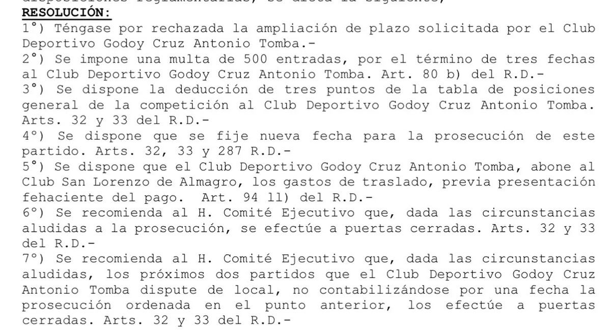 Godoy Cruz fue sancionado y multado por la AFA tras los incidentes que se produjeron en el partido frente a San Lorenzo por la Liga Profesional de Fútbol (LPF). Godoy Cruz fue sancionado y multado por la AFA tras los incidentes que se produjeron en el partido frente a San Lorenzo por la Liga Profesional de Fútbol (LPF).