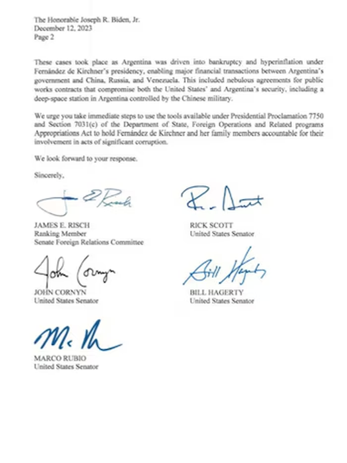 La misiva de Marco Rubio, y otros republicanos, que pedían una sanción contra CFK. La misiva de Marco Rubio, y otros republicanos, que pedían una sanción contra CFK.