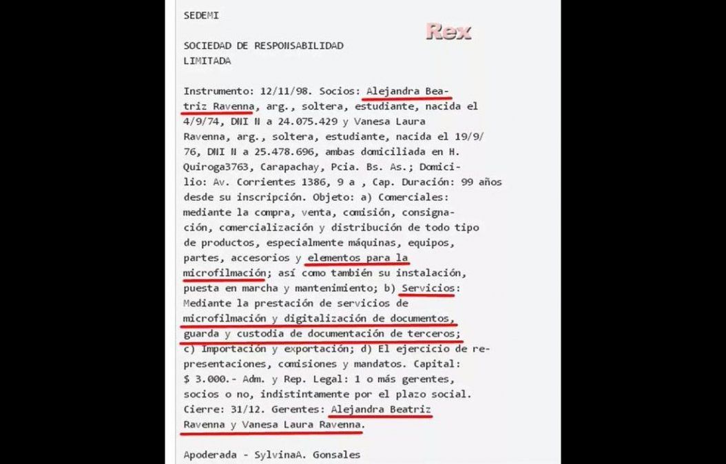 El documento difundido por la Dra. Alonso sobre la sociedad de Alejandra Ravenna