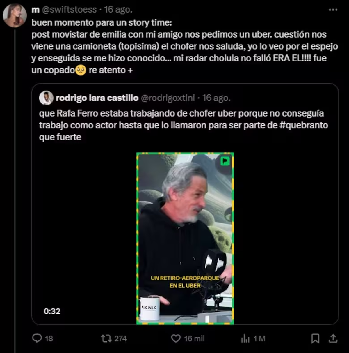 Rafael Ferro trabajó como chofer de Uber durante siete meses sin proyectos, usando los viajes para generar ingresos y manejar la ansiedad. Incluso una usuaria de Twitter contó que el actor la levantó de un recital. Rafael Ferro trabajó como chofer de Uber durante siete meses sin proyectos, usando los viajes para generar ingresos y manejar la ansiedad. Incluso una usuaria de Twitter contó que el actor la levantó de un recital. 