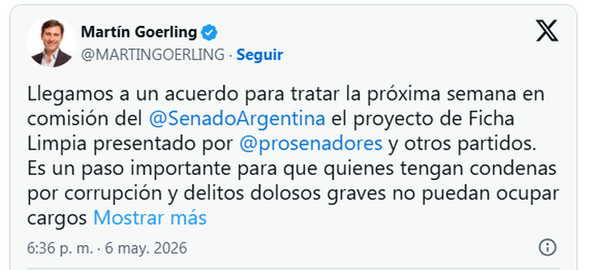 El diputado Goerling 'primerea' en redes con el anuncio del tratamiento de Ficha Limpia en el Senado. El diputado Goerling 'primerea' en redes con el anuncio del tratamiento de Ficha Limpia en el Senado.