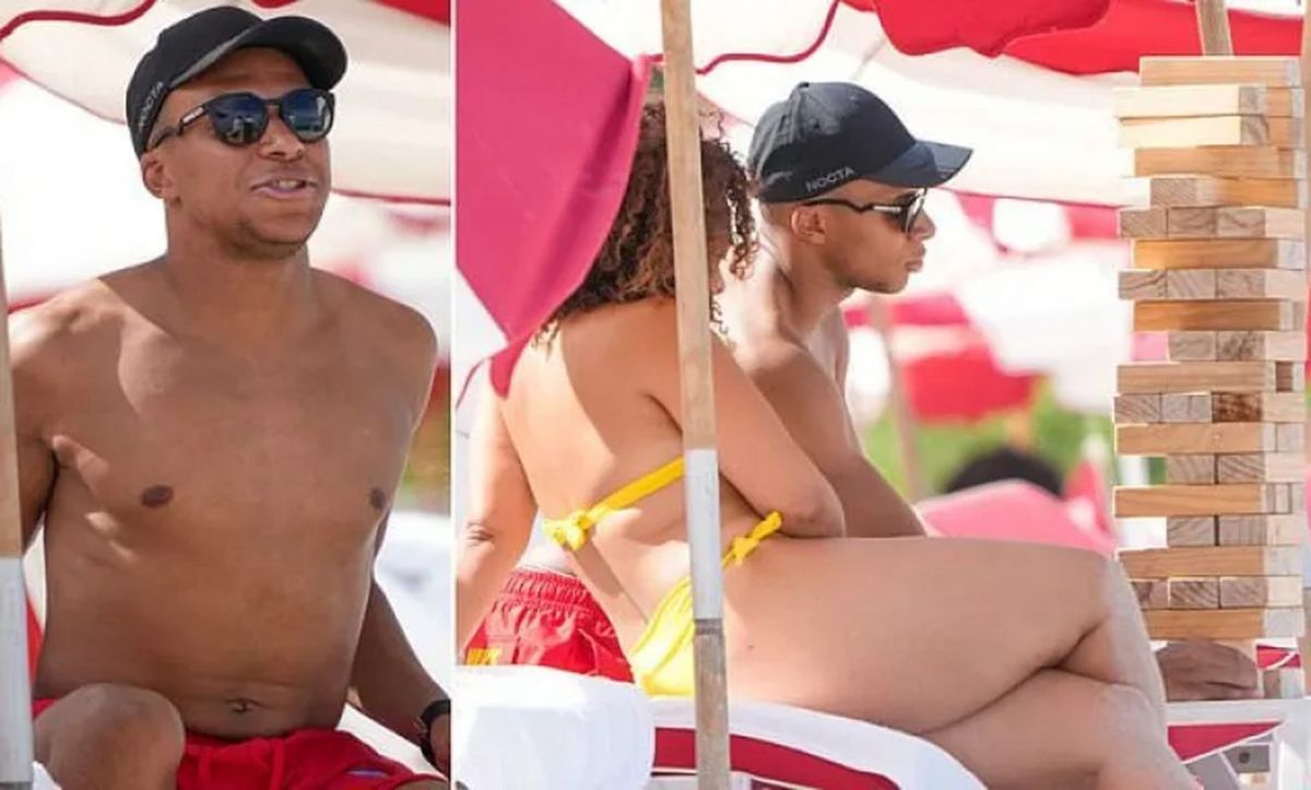 Kylian Mbappé con chicas y jenga en Miami Beach.