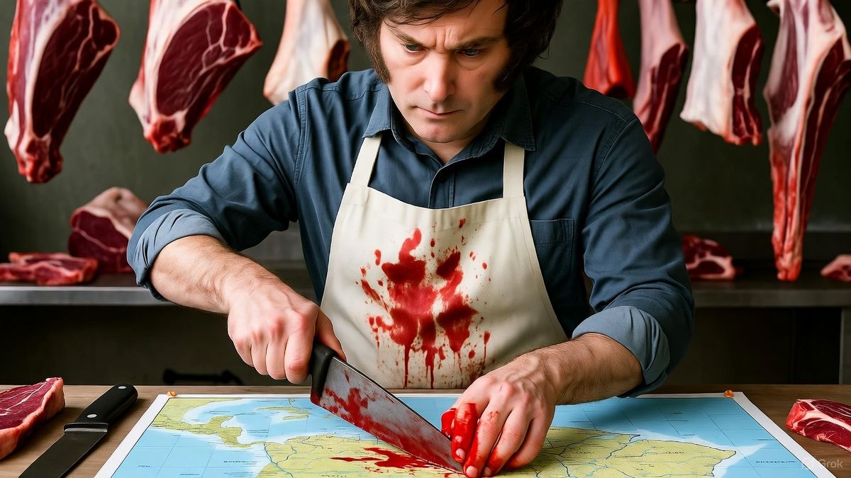 Javier Milei cortando un mapa de la República Argentina.