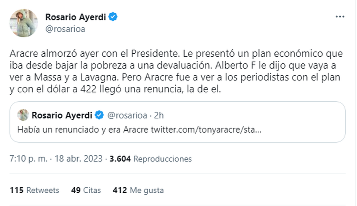 El tuit de Rosario Ayerdi.