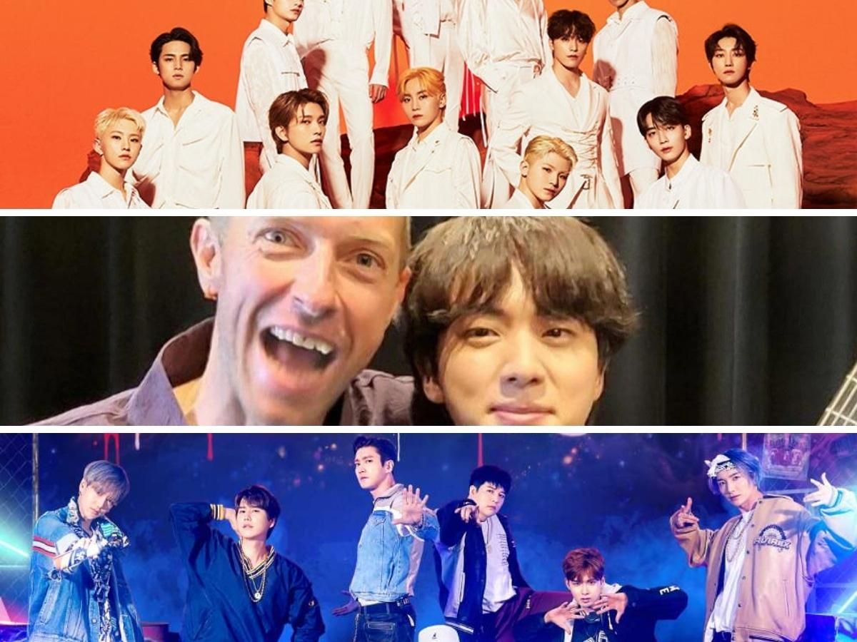 Coldplay pidió prestado la transmisión en cines a sus amigos surcoreanos: Los grupos de K-pop fueron pioneros en este recurso. (Arriba, el grupo surcoreano Seventeen, en el centro Chris Martin junto al miembro de BTS, Jin, y en el marco inferior la boyband Super Junior)