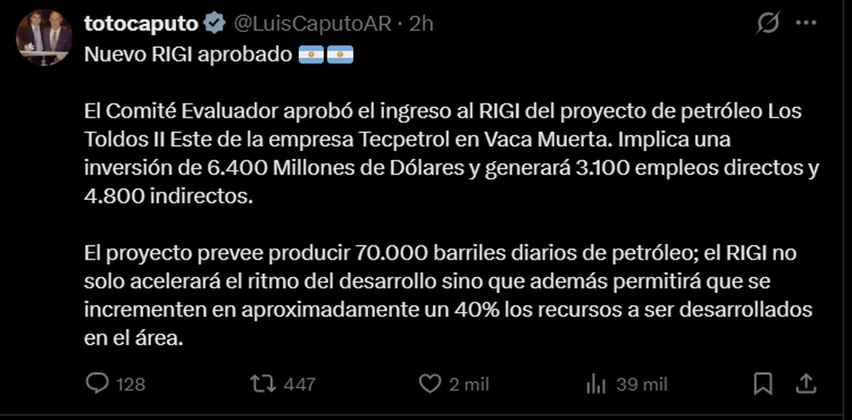 Posteo de Luis Caputo. Fuente: X. Posteo de Luis Caputo. Fuente: X.