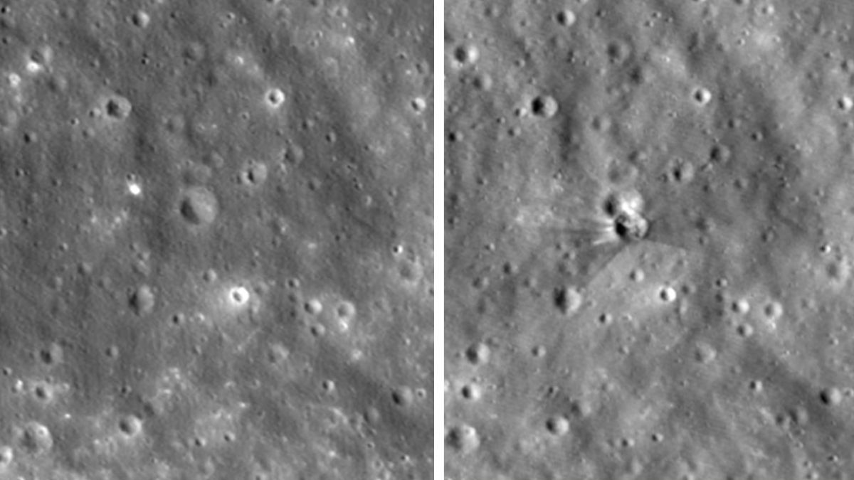 El antes y el despu&eacute;s de la Luna luego de que restos de un cohete se estrellara contra la superficie lunar. Foto: Captura de imagen de video de la NASA Goddard/M&aacute;quinas intuitivas.