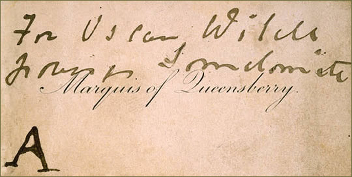 Wilde recibió una nota del padre de uno de sus amantes, acusándolo de sodomita. El escritor tomó cartas en el asunto y lo demandó con el apoyo de su amante. Wilde recibió una nota del padre de uno de sus amantes, acusándolo de sodomita. El escritor tomó cartas en el asunto y lo demandó con el apoyo de su amante.
