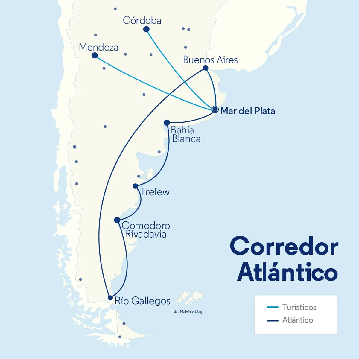 El mapa de ruta del Corredor Atlántico de Aerolíneas Argentinas.