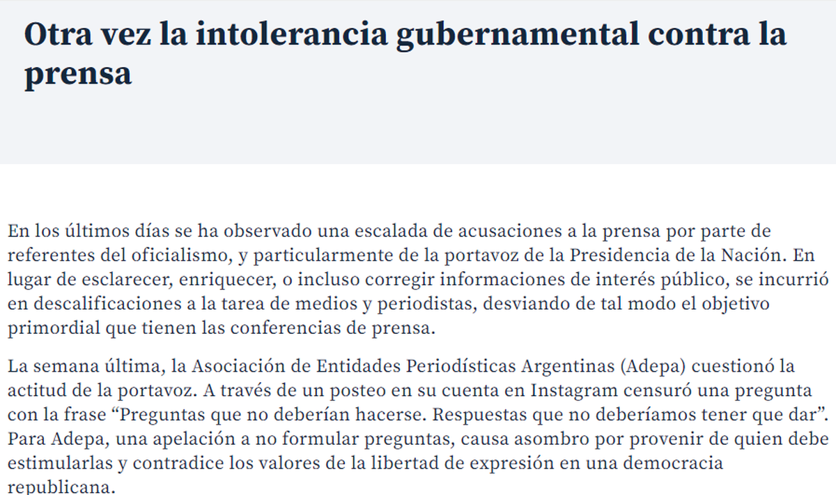 Comunicado de ADEPA al que Juan josé Campanella se alineó.